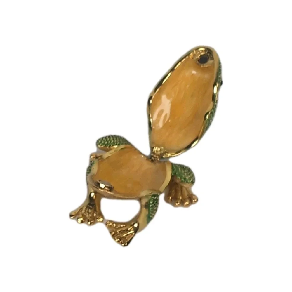 Hinged Keren Kopal Style Gold Tone Frog Trinket Box Rhinestones Green Eyes Vintg